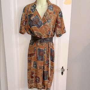 Vtg 80s/90s Positive Attitude Brown, Tan & Blue Wrap Look Tropical Print Dress